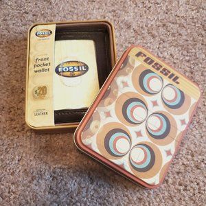 NWT Leather Fossil Metal Clip Front Pocket Wallet w/retro tin